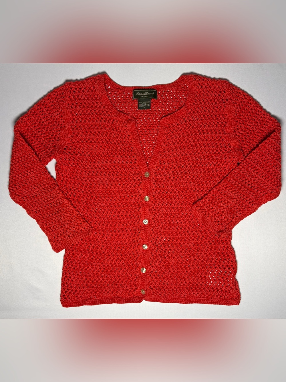 VTG Eddie Bauer Open Knit Crochet Button Cardigan Sweater Womens Small 90s Y2K